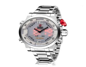 OHsen Brand 1608 Men039s Watch Luxury Stainls Steel Double Time Horloge étanche Quartz Digital Men Wrist Watch Reloj6662304