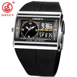 OHSEN Merk LCD Digitale Dual Core Horloge Waterdichte Outdoor Sport Horloges Alarm Chronograaf Backlight Zwart Rubber Mannen Horloge L296P