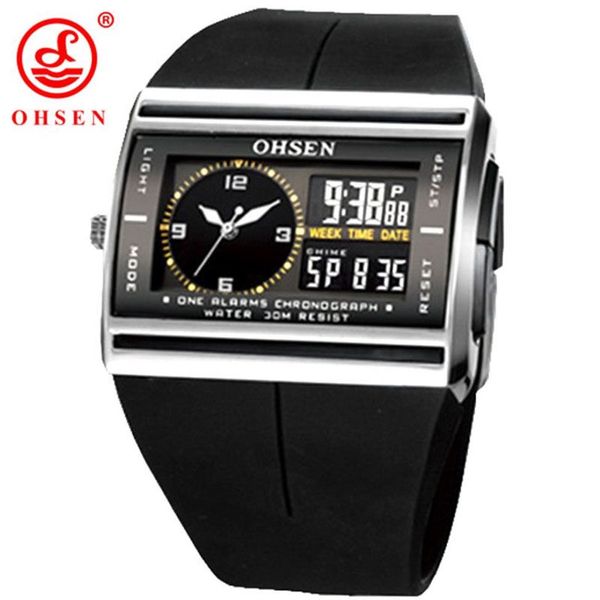 OHSEN marque LCD numérique Dual Core montre étanche montres de Sport en plein air alarme chronographe rétro-éclairage en caoutchouc noir hommes montre-bracelet L236A