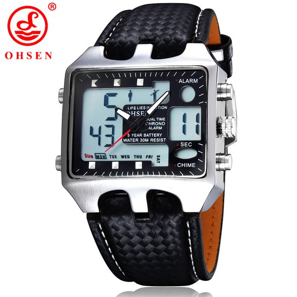OHSEN Reloj digital para hombres Relojes deportivos analógicos a prueba de agua para hombres Pulsera de cuero Relojes de pulsera con alarma Relogio masculino 0930 LY191213