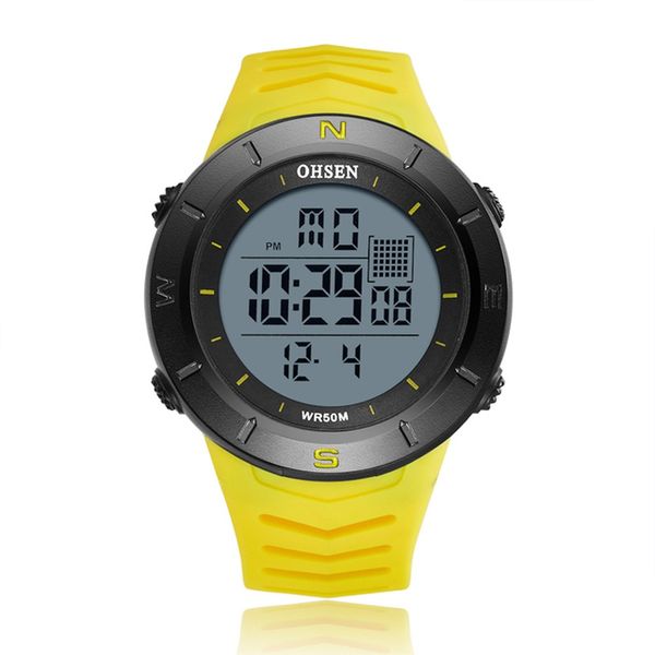 Relojes OHSEN para hombre, reloj electrónico Led para exteriores, reloj de pulsera militar Wateroof de silicona amarilla, cronómetro de buceo de 5ATM, reloj Digital