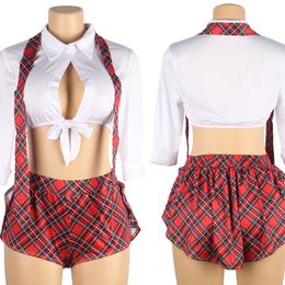 Ohyeahlady student college stijl uniform pak cosplay sexy lingerie plus size hoogwaardige dames halve mouw top shorts kostuum