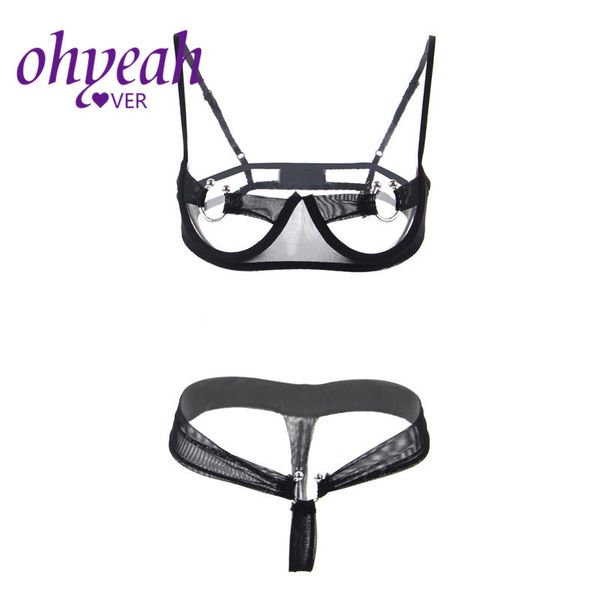 Ohyeahlover Mujeres Lace Open Bust Bra Set Transparente Erótico Lencería sexy Crotchless Lenceria Ropa interior Bra + G String RM70081 LJ201031