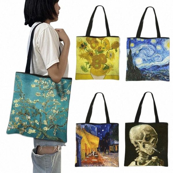 Pintura al óleo Floreciente Almd Tree / Noche estrellada Bolsa de asas Van Gogh Sunfr Mujer Bolso Lona Hombro Tienda Bolsas u3ZL #