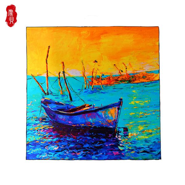 Pintura al óleo barco real seda mujeres bufandas 90cm gran envoltura cuadrada primavera verano bandana bufanda hijab playa chal lujo señoras regalo