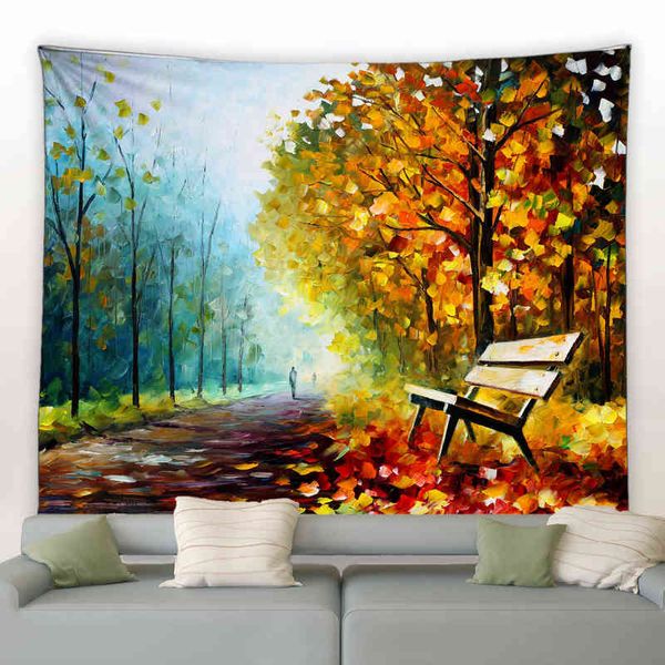 Peinture à l'huile paysage mur tapis automne rue art abstrait psychédélique tapis suspendus hippie chambre fond couverture J220804