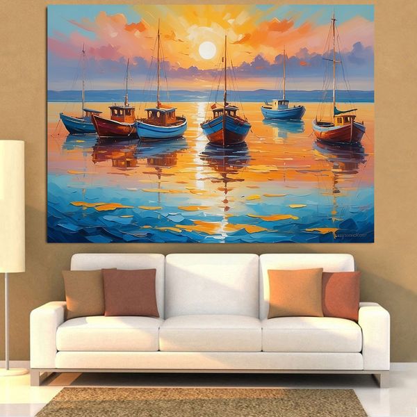 Peinture à l'huile des bateaux et de la mer sur toile coucher du soleil sur l'océan Impressionnisme moderne, imprimé affiche mur art image décoration de maison sans cadre