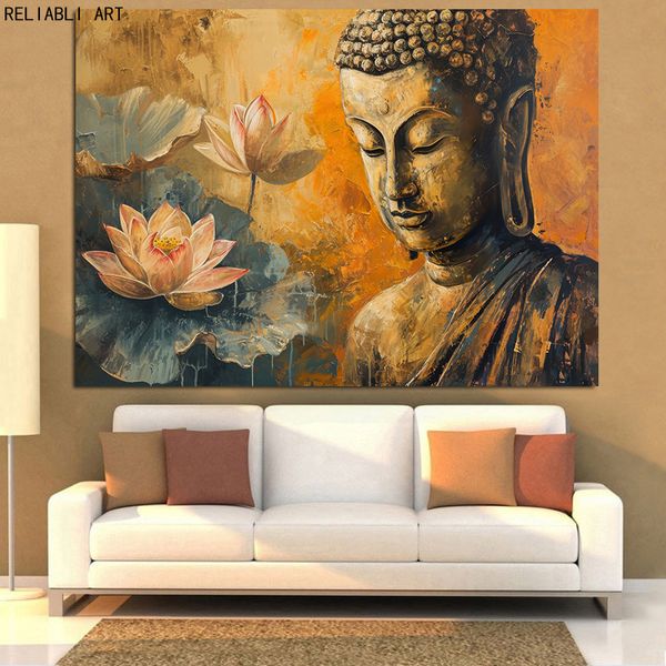 Pintura al óleo de Buda con tonos de loto de naranja amarilla y oro pacífica cara de Buda en pintura, cartel impreso, arte de pared decoración de la sala de estar sin marco