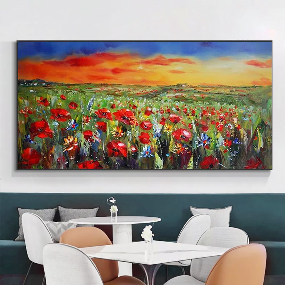 キャンバスに印刷された油絵抽象野生の赤い花の景色の景色のキャンバス絵画モダンプリントポスターウォールアートホーム装飾