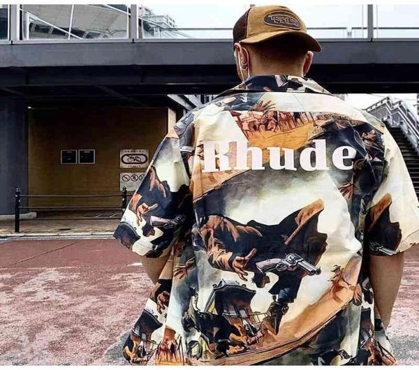 Camisa con pintura al óleo de manga corta, camiseta de marea de playa con estampado de letras en la espalda de vaquero occidental, cazador de recompensas, 7694077
