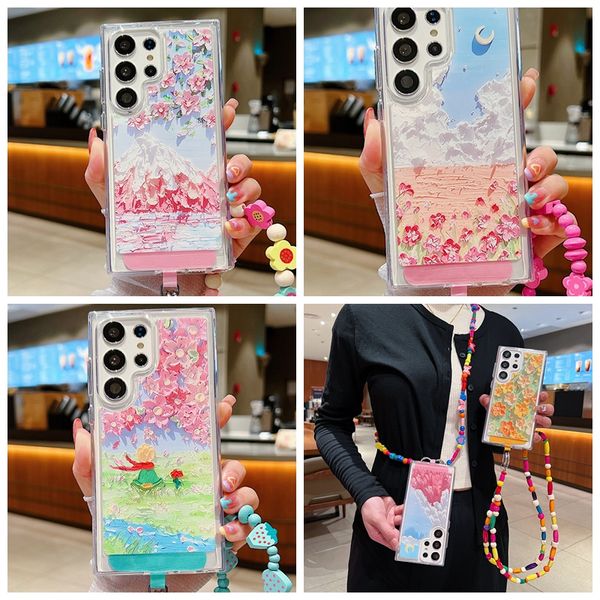 S24 Estilo de pintura al óleo Fundas de mármol de flores para Samsung S23 Ultra S22 Plus A14 A34 A54 A53 5G Moda TPU Claro Acrílico duro PC Cubierta de piedra Cordón de hombro cruzado