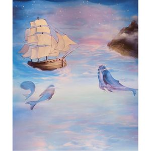 Pintura al óleo estilo púrpura azul Hada mar telón de fondo impreso velero delfín noche cielo brillo estrellas bebé niños foto fondos