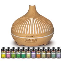 Oil Phatoil 12 pièces ensemble cadeau d'huile essentielle pure 10 ml avec diffuseur d'huile de machine d'humidificateur d'arôme 500 ml Kit Rose citron bergamote romarin