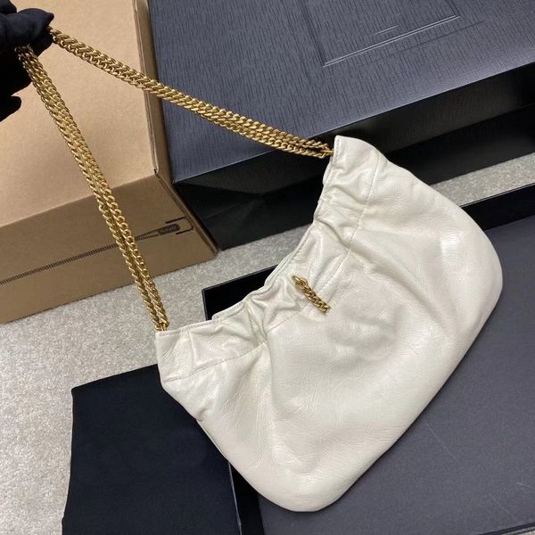 Bolso nube de cuero blanco con cera de aceite, bolso para axila, bolso con cadena, accesorios genuinos para mostrador, bolso de marca, versión más alta, juego completo de embalaje original de fábrica