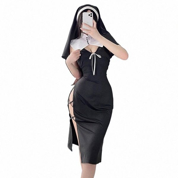 ojbk Nun Rôle Jouer Maid Cosplay Costume Costume Femmes Sexy Lingerie Dr Anime Nun Couvre-chef Halen Noir Creux Passi Uniforme q4qn #