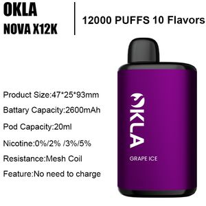 OKLA NOVAX 12000 Puff stylo vape jetable Kit de démarrage de cigarette électronique 0% 2% 3% 5% Vapeurs en gros desechables Mesh Coil 20 ml