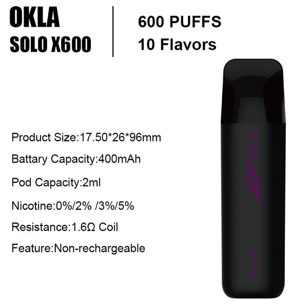 OKLA SOLOX 600 Puff stylo vape jetable Kit de démarrage de cigarette électronique 0% 2% 3% 5% vapoteurs en gros desechables 2ml