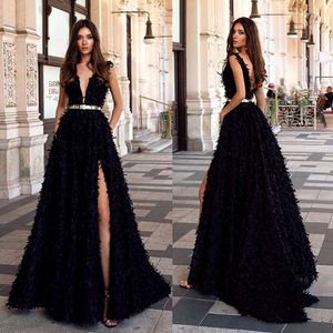 Oksana Mukha Prom Deep V Tirpla Side Lace Tassel Vestidos de noche formales Ruffles Longitud del piso A Línea Vestidos especiales de OCN