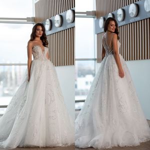 Oksana Mukha robes de mariée col en V bouton noir balayage train robes de mariée sur mesure dentelle appliques paillettes une ligne robe de mariée309F