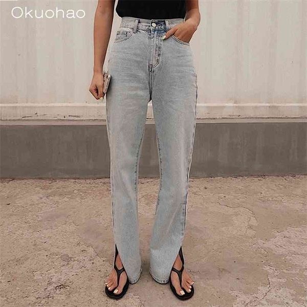 Okuohao jeans taille haute jambe droite pantalon large lâche fashon copain vente articles pour 210809