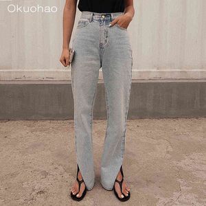 Okuohao jeans taille haute jambe droite pantalons femmes large lâche fashon copain vente articles pour 211129