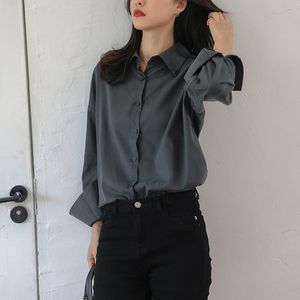 OL elegante vintage grijs shirt femme herfst winter revers lange mouwen losse blouses plus size vrouwen kleding 210421