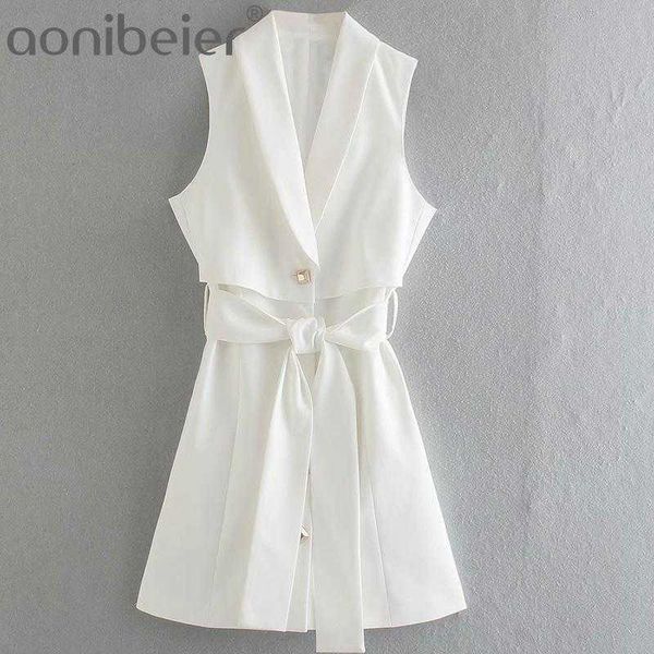 OL bureau dame Blazer robe costume tenues été mode sans manches simple boutonnage femmes blanc Mini avec ceintures 210604
