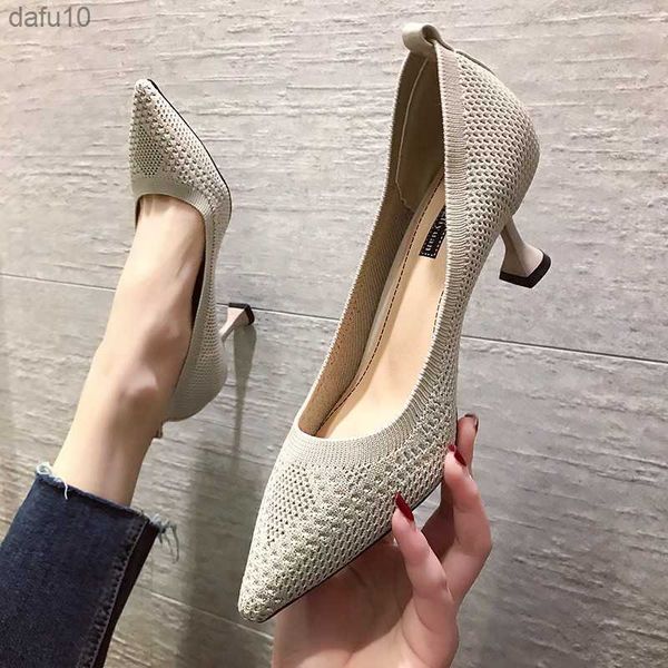 Ol Office Lady Chaussures Talons Hauts Tricot Stretch Tissu Pompes Femmes Chaussures Habillées Noir De Base Pompe Bout Pointu zapatos mujer Printemps L230704