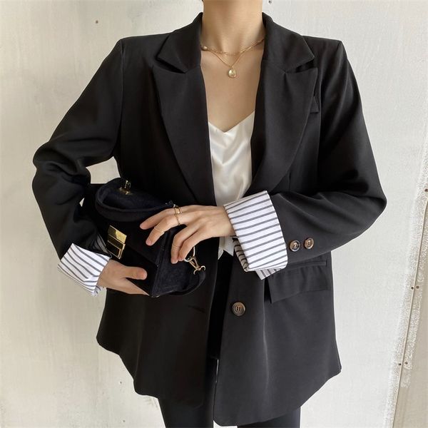 OL travail porter Blazer femmes élégant rayé couture lâche costume veste femme dos fente faux-deux pièces Blazers 210421