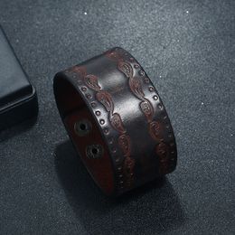 Oude reliëf met bloemenleer Bangle manchetknop verstelbare armband pols voor mannen dames mode sieraden