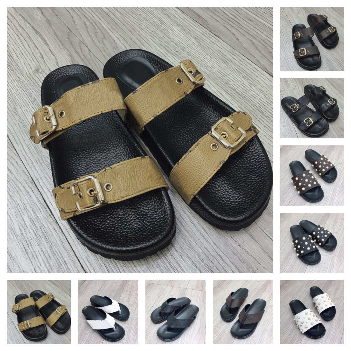 Oude bloem klassieke dames slippers pu lederen strand sandaal schuif paseo plat comfort sandalen vrouwen zomer zwembad slipper designer buitenmode muilezels