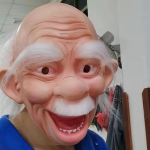 Masque de vieil homme réaliste Halloween Latex sourire humain grand-père rides visage effrayant tête complète Cosplay accessoire 240122