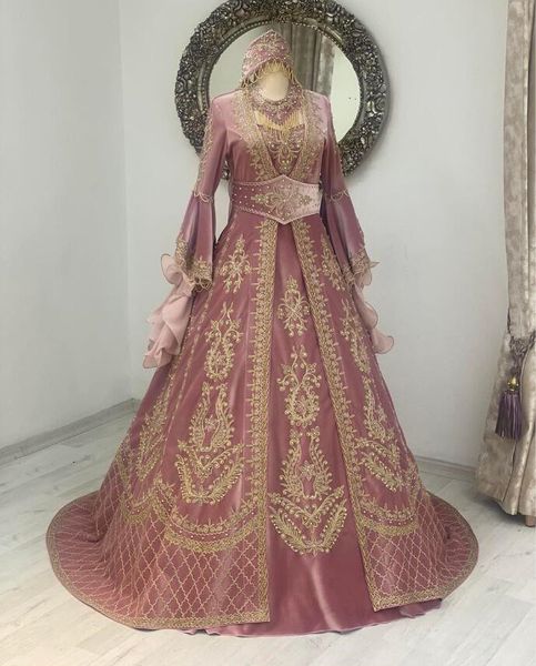 Caftan en velours rose ancien, Caftan au henné, robe de bal féerique à manches longues avec des appliques de perles, robe de soirée musulmane marocaine, automne