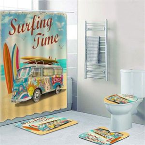Rideau de douche pour camping-car, vieille voiture rétro, pour salle de bain, surf classique, vacances d'été, rideaux de bain et tapis de bain, ensemble de tapis 2011292l