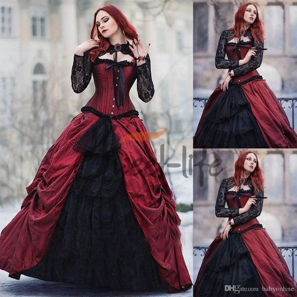 Old School Gothic Victorian Halloween Robe de soirée Vintage Vintage Ball High Neck Sheer Lace Long Long Sleeve Plus taille Quinceanera Party Dres 236D