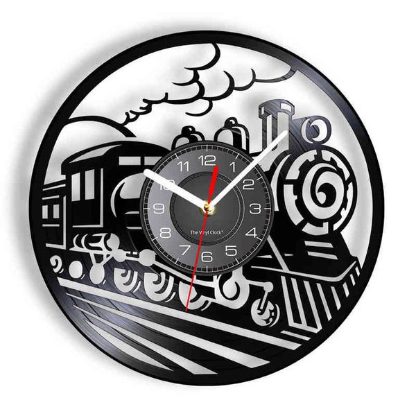 Reloj de pared con grabación de vinilo de tren antiguo para dormitorio, transporte, arte, locomotora, decoración del hogar, motor de vapor, manualidades con álbumes Vintage, reloj H1230