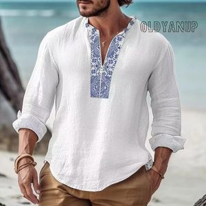 Oldyanup Mens Cotton Linn Shirt Solid Long Manche Long Porte Imprimez Zipper Tops Spring Automne Fashion Casual Shirts Pullover For Men 240327