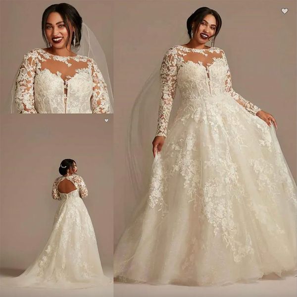 OLEG CASSINI Ilusión de encaje Manga larga Vestidos de novia de talla grande 2023 Sheer O-cuello Apliques Floral Falda hinchada Princesa Vestido de novia Batas