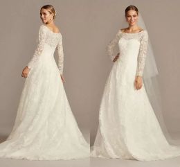OLEG CASSINI hors-la-épaule dentelle a-ligne robe de mariée pleine dentelle applique à manches longues grande taille balayage train robe de mariée 2023