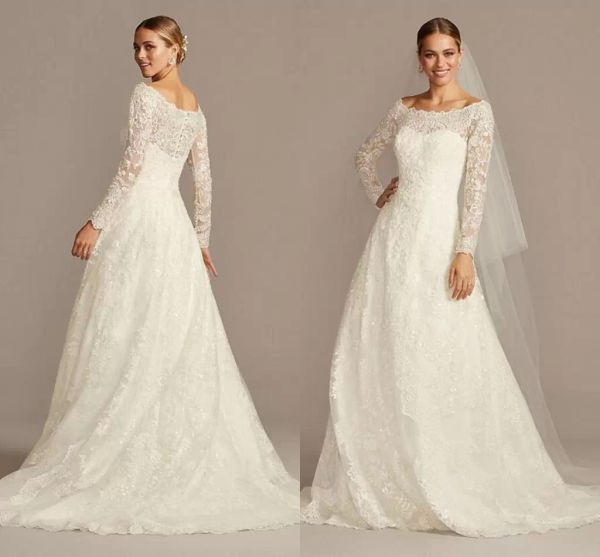 OLEG CASSINI hors-la-épaule dentelle A-ligne robe de mariée 2022 pleine dentelle applique à manches longues, plus la taille balayage train robe de mariée