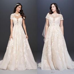 Oleg Cassini Plus Size Trouwjurken Korte Mouw Juweel Hals Prinses Tuin Land Trouwjurk Bruidsjurk206k