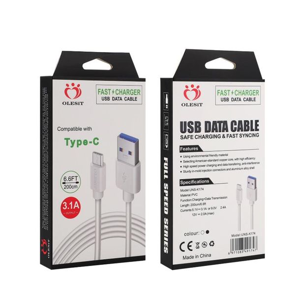 Cables de carga Olesit 3FT 10FT de carga rápida pd Cable de datos micro tipo c para samsung con venta al por menor