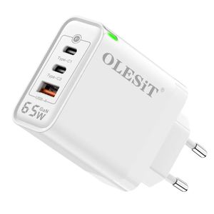 OLESiT 65W GaN USB-A-oplader 3-poorts PD USB Type C Snel opladen QC3.0 voedingsadapter Wandladers US EU UK-stekker voor iPhone 15 Pro Samsung Max Pro Travel Home Smart Phone Nieuw