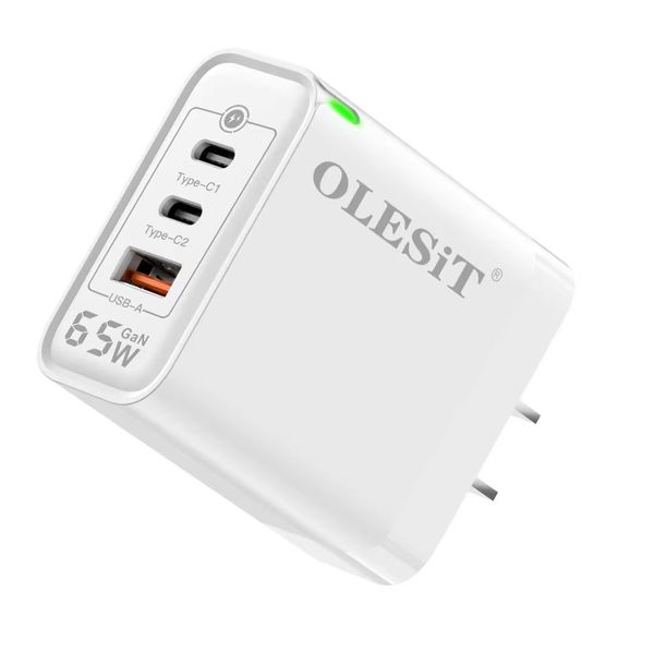 OLESiT 65W GaN USB-A Chargeur 3 ports PD USB Type C Charge rapide QC3.0 Adaptateur secteur Chargeurs muraux US EU UK Plug pour Iphone 15 Pro Samsung Max Pro Voyage Maison Smart Phone