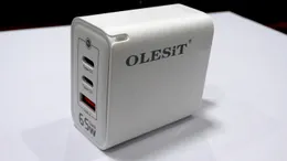 Chargeur mural OLESiT 65W GaN Double PD3.0 Type-C et QC3.0 USB-A Adaptateur 3 ports à charge rapide