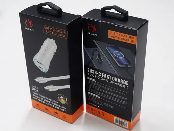 Cargadores de teléfono celular OLESiT 2USB-C Carga rápida 40W PD Cargador de automóvil 1 metro USB-C a C y L Cable