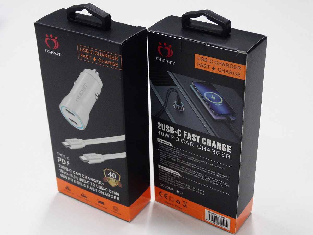 OLESiT Caricabatterie per telefoni cellulari 2USB-C Fast Charge 40W PD Caricabatterie per auto Cavo da 1 metro da USB-C a C e L