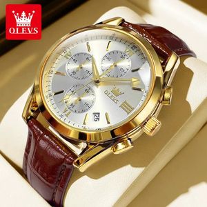 Olevs 2872 Chronograph Mens Wrist Wrists Strap en cuir étanche à quartz lumineux Luminal Watch For Men Luxury Sport Man Watch 240528