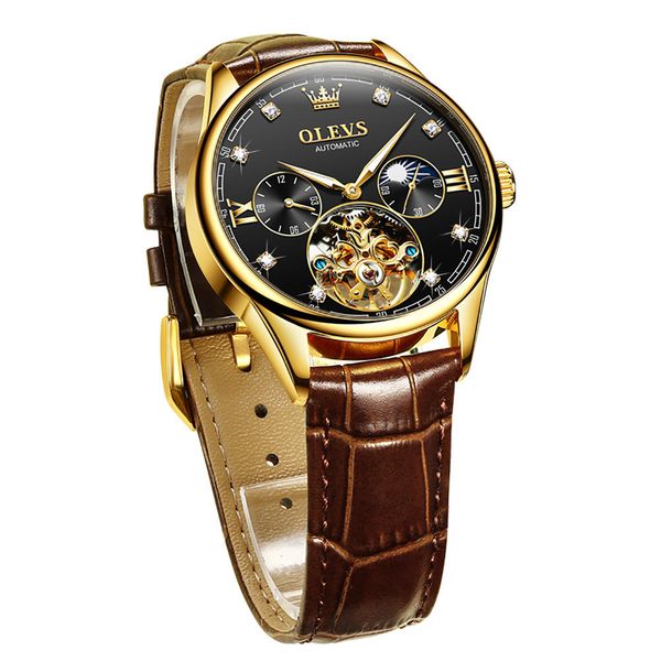 Olevs 3601 Luxury Business Watch Moon Phase Calendar Cuir Luminous Fashion Classics Watch Imperproofr Men's Automatic Mechanical Watch