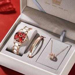 OLEVS 3 piezas reloj de lujo para mujer reloj de mujer de alta calidad diamante reloj de cuarzo para mujer pulsera collar fecha impermeable relojes de mujer de acero inoxidable caja 3606